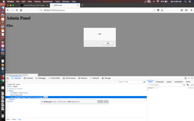 The XSS alert firing after the OCR server reflects the extracted payload